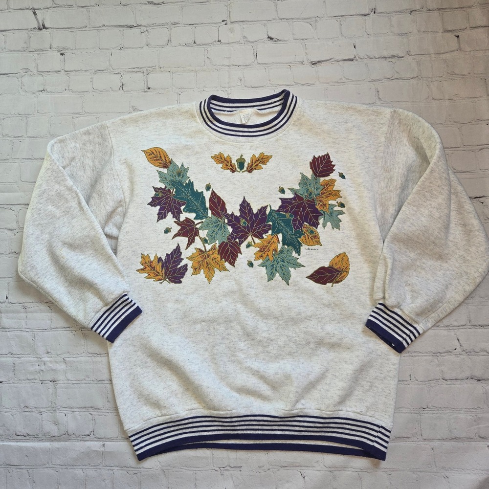 Vintage 90s Autumn fall leaves crew neck Sweatshirt XL Striped Trim Made in USA